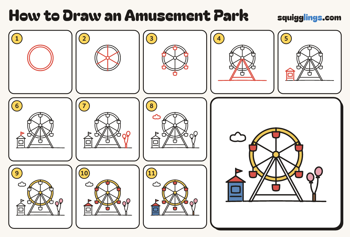 How to Draw an Amusement Park step by step: all 11 steps in one picture