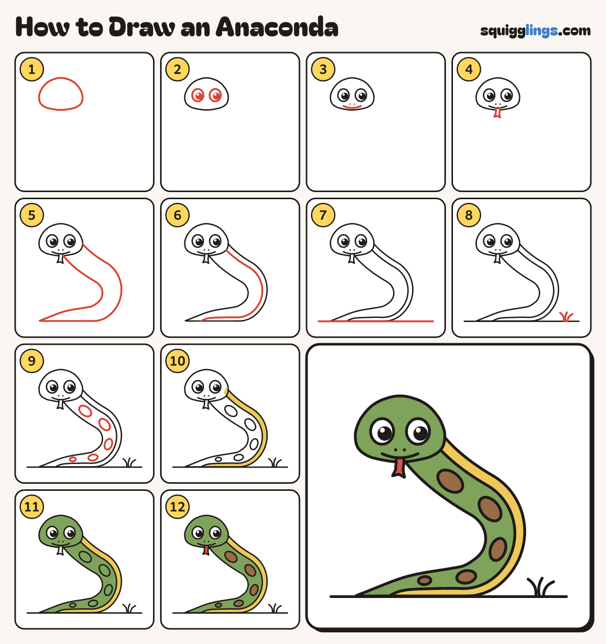 How to Draw an Anaconda step by step: all 12 steps in one picture