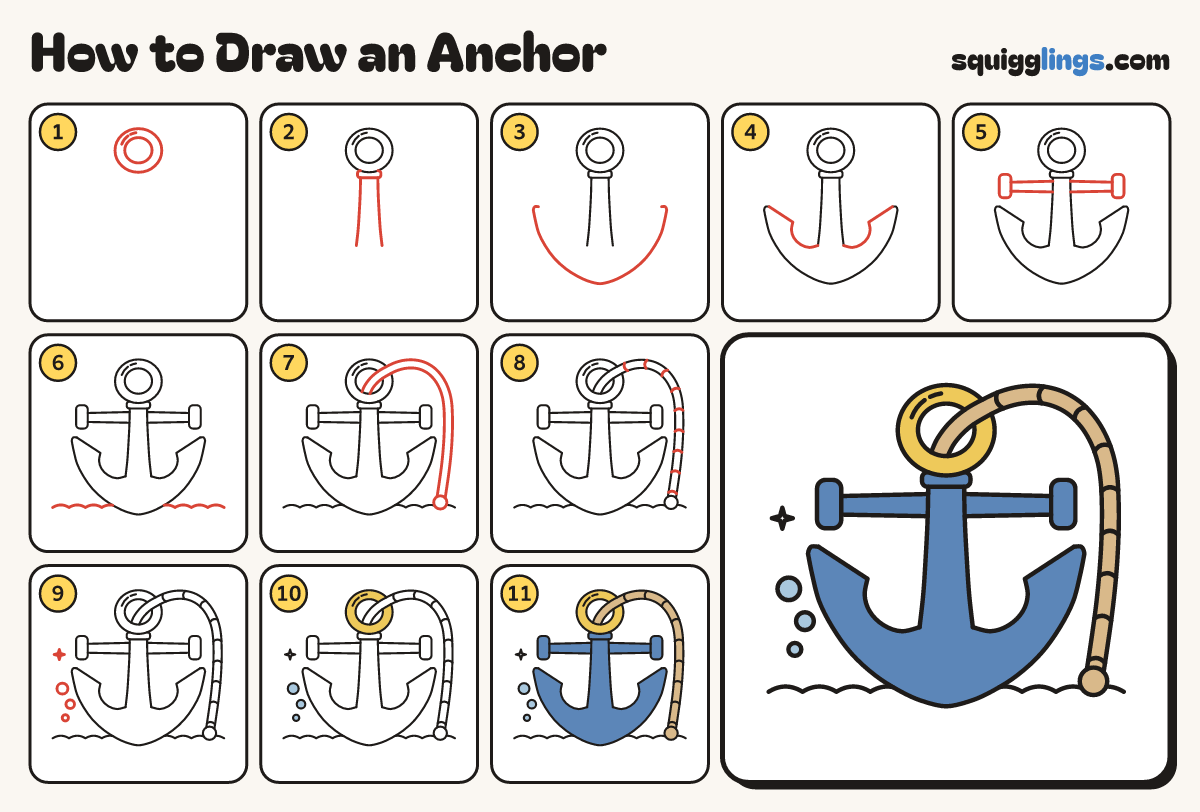 How to Draw an Anchor step by step: all 11 steps in one picture