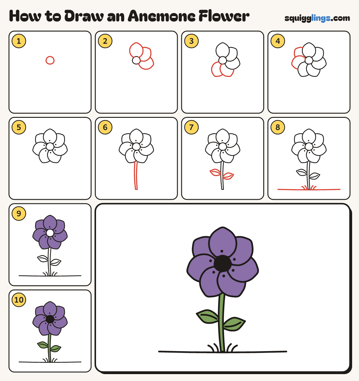 How to Draw an Anemone Flower step by step: all 10 steps in one picture