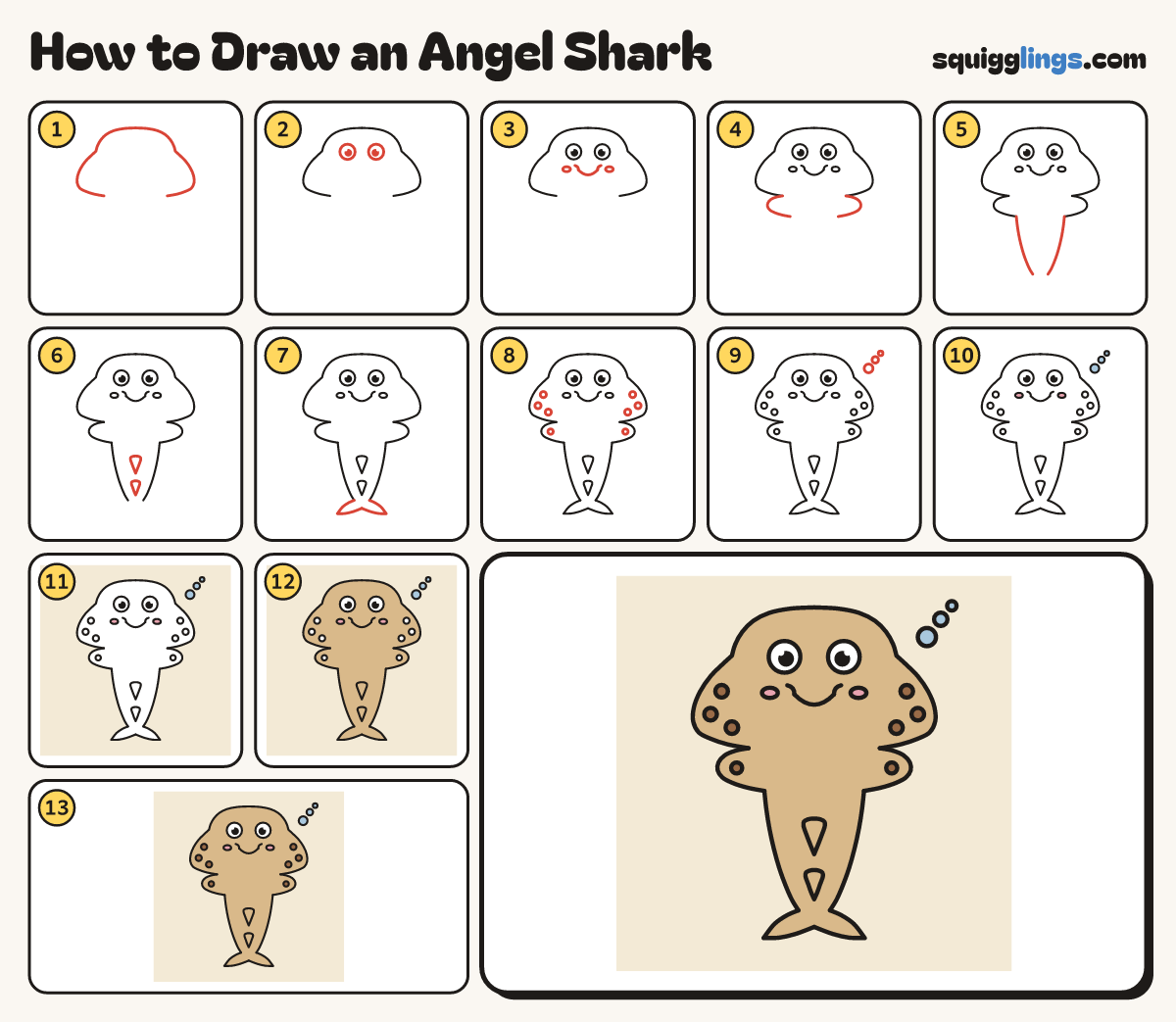 How to Draw an Angel Shark step by step: all 13 steps in one picture