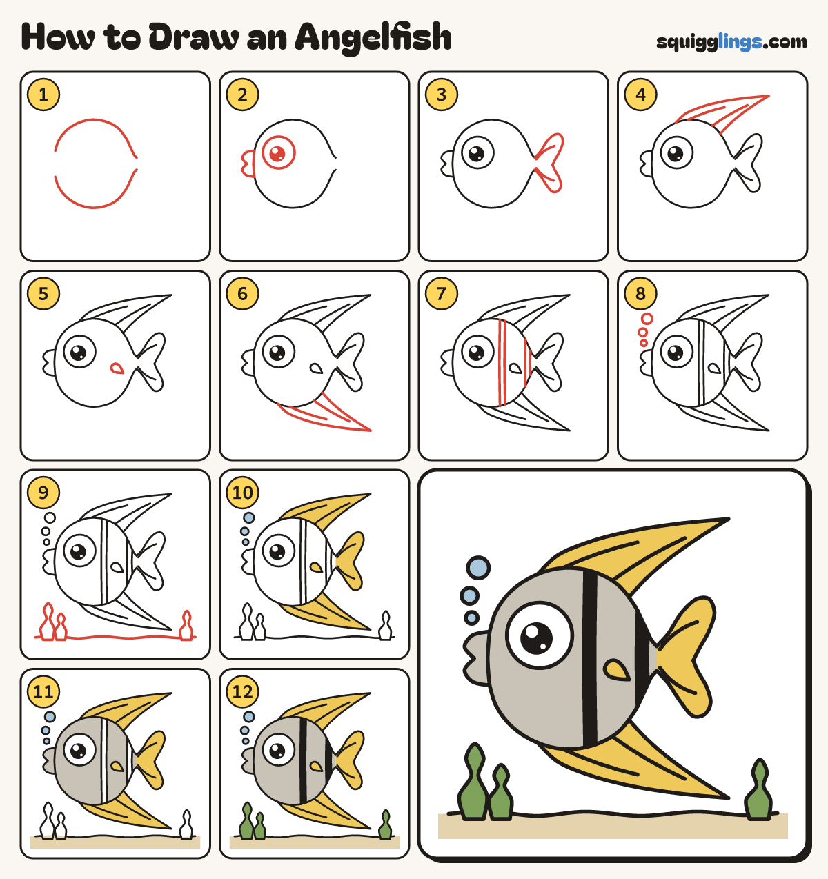 How to Draw an Angelfish step by step: all 12 steps in one picture
