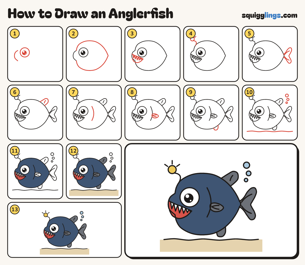 How to Draw an Anglerfish step by step: all 13 steps in one picture