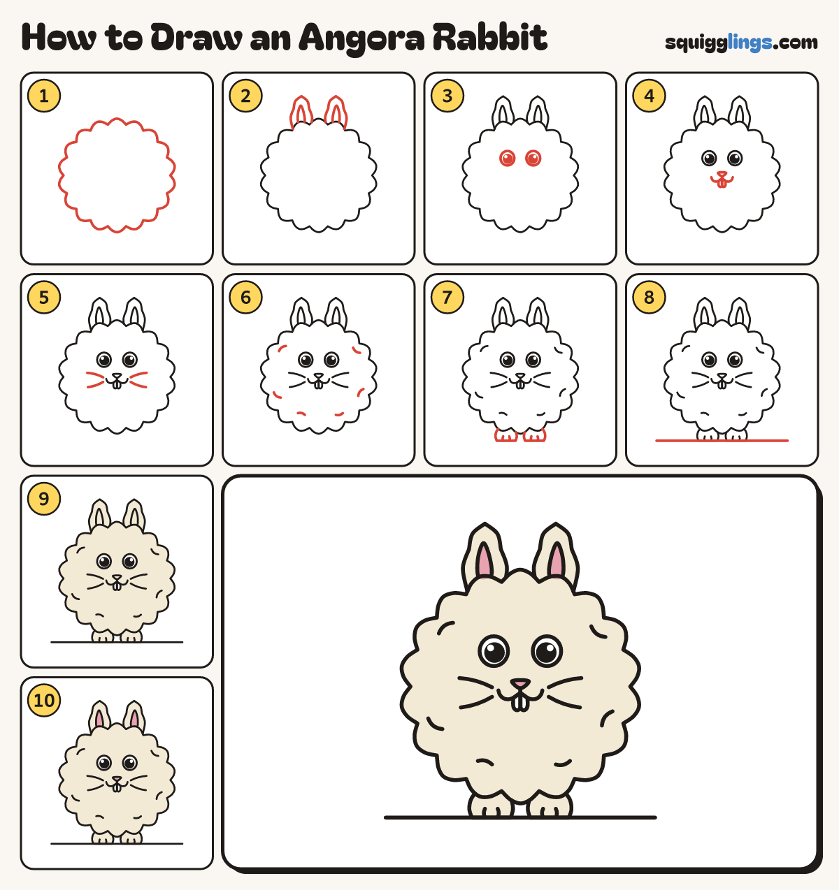 How to Draw an Angora Rabbit step by step: all 10 steps in one picture