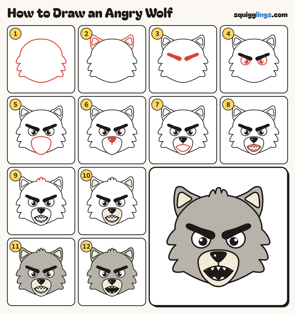 How to Draw an Angry Wolf step by step: all 12 steps in one picture