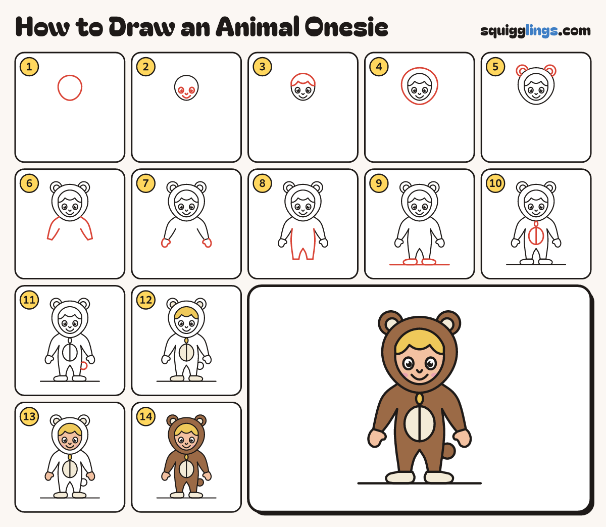 How to Draw an Animal Onesie step by step: all 14 steps in one picture