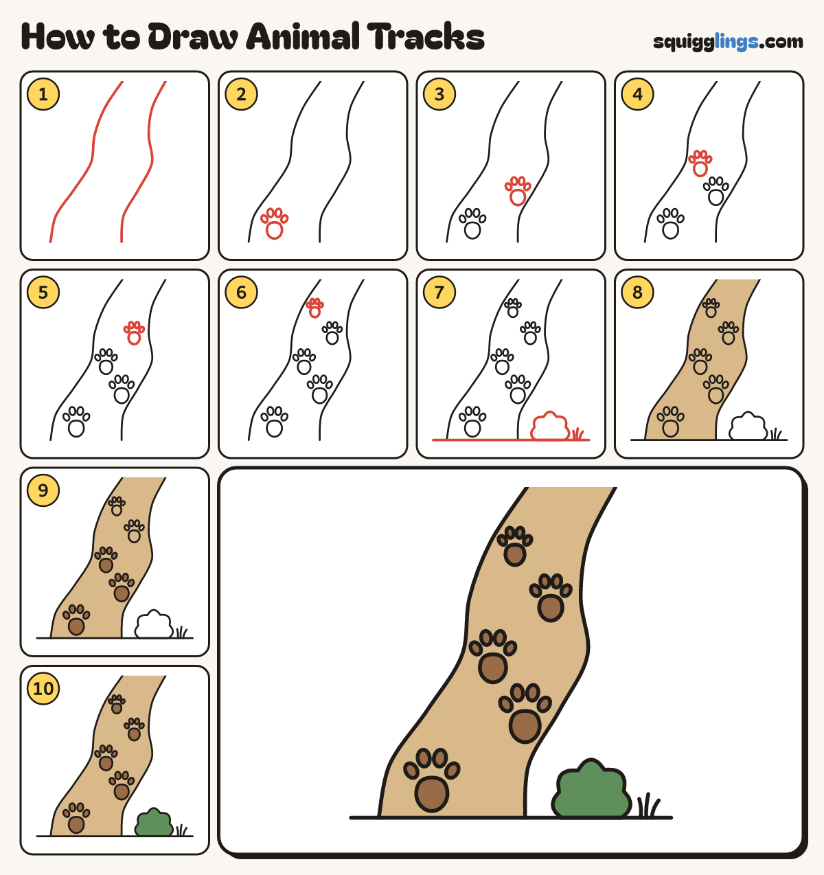How to Draw Animal Tracks step by step: all 10 steps in one picture
