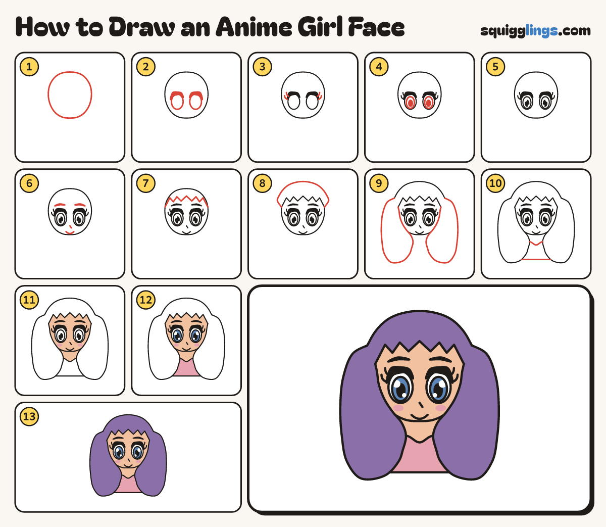 How to Draw an Anime Girl Face step by step: all 13 steps in one picture