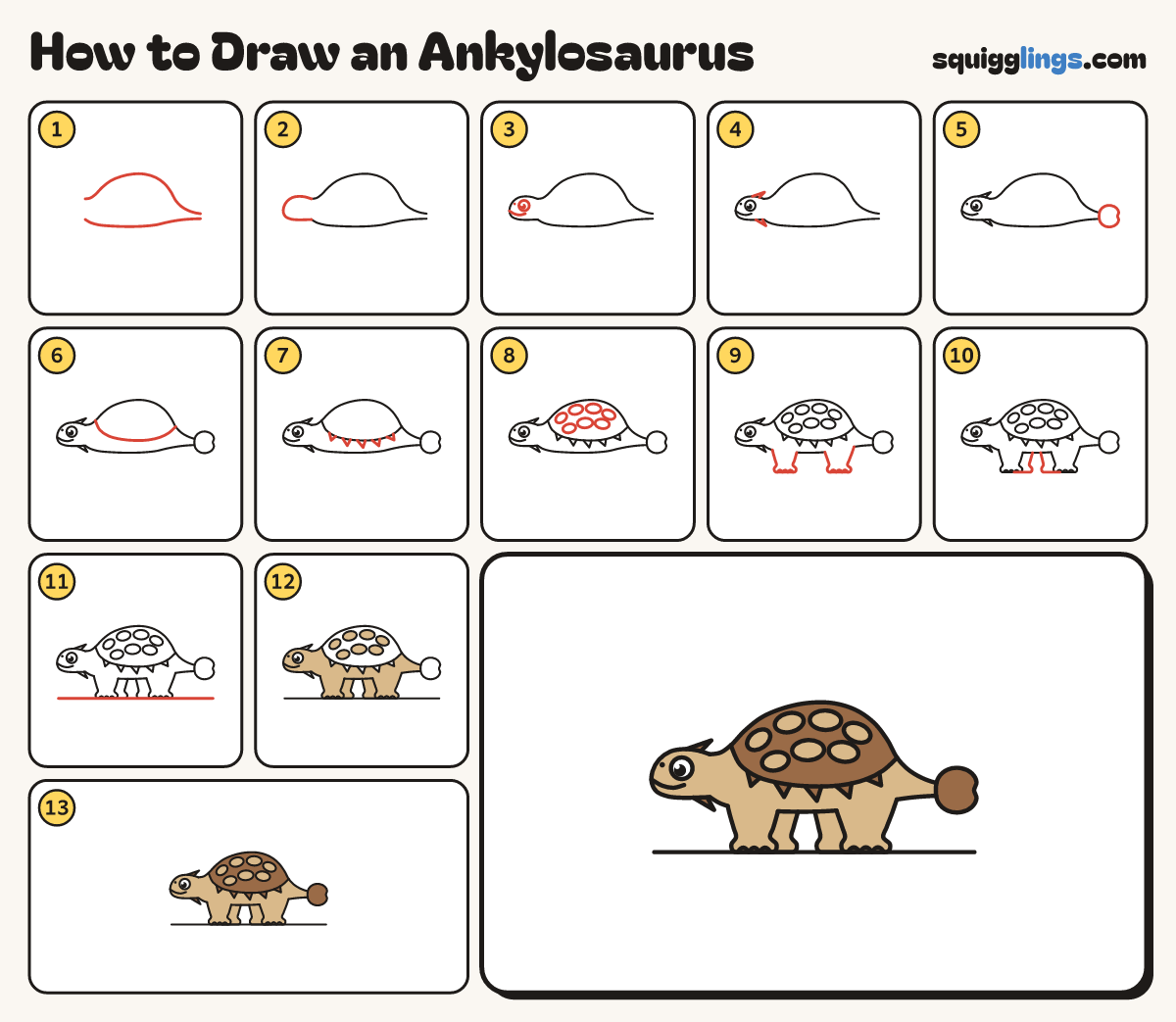 How to Draw an Ankylosaurus step by step: all 13 steps in one picture