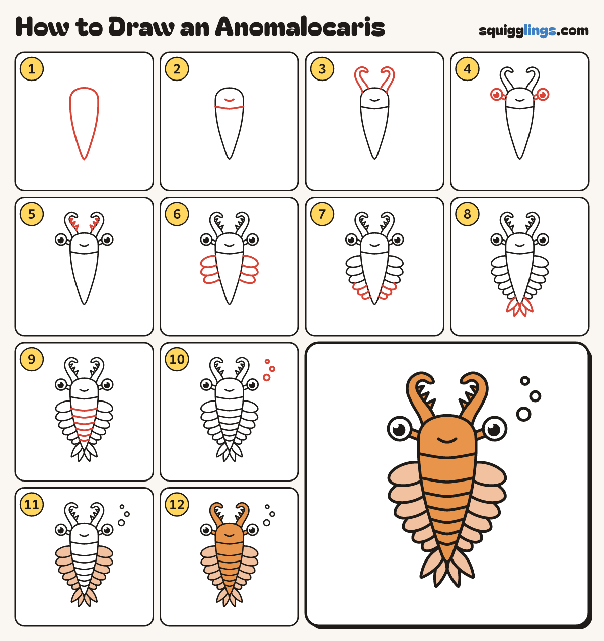 How to Draw an Anomalocaris step by step: all 12 steps in one picture