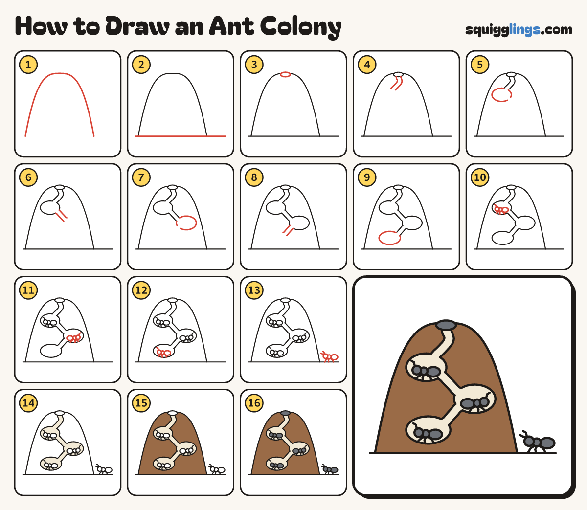 How to Draw an Ant Colony step by step: all 16 steps in one picture