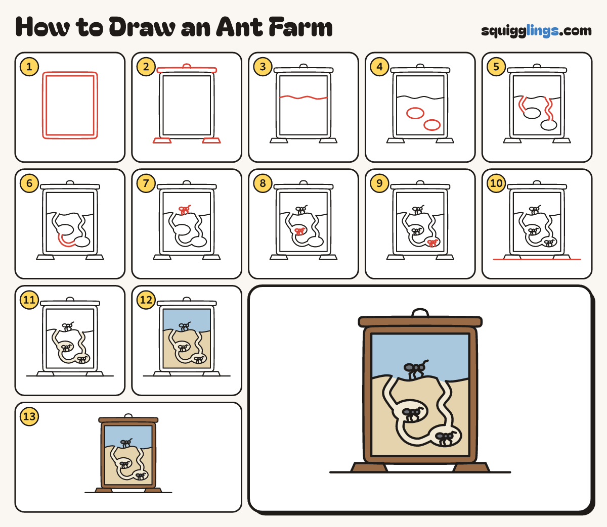 How to Draw an Ant Farm step by step: all 13 steps in one picture