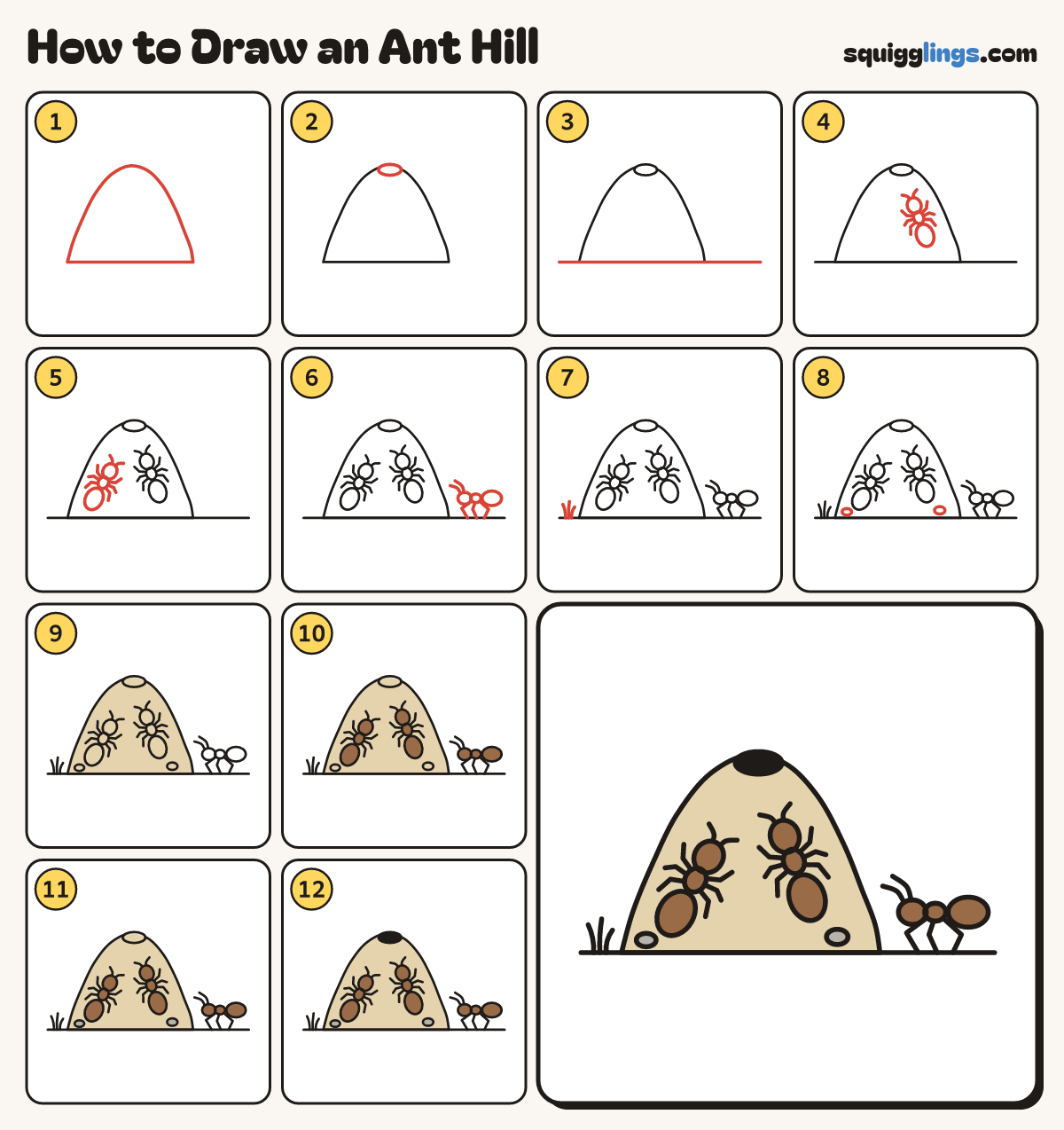 How to Draw an Ant Hill step by step: all 12 steps in one picture