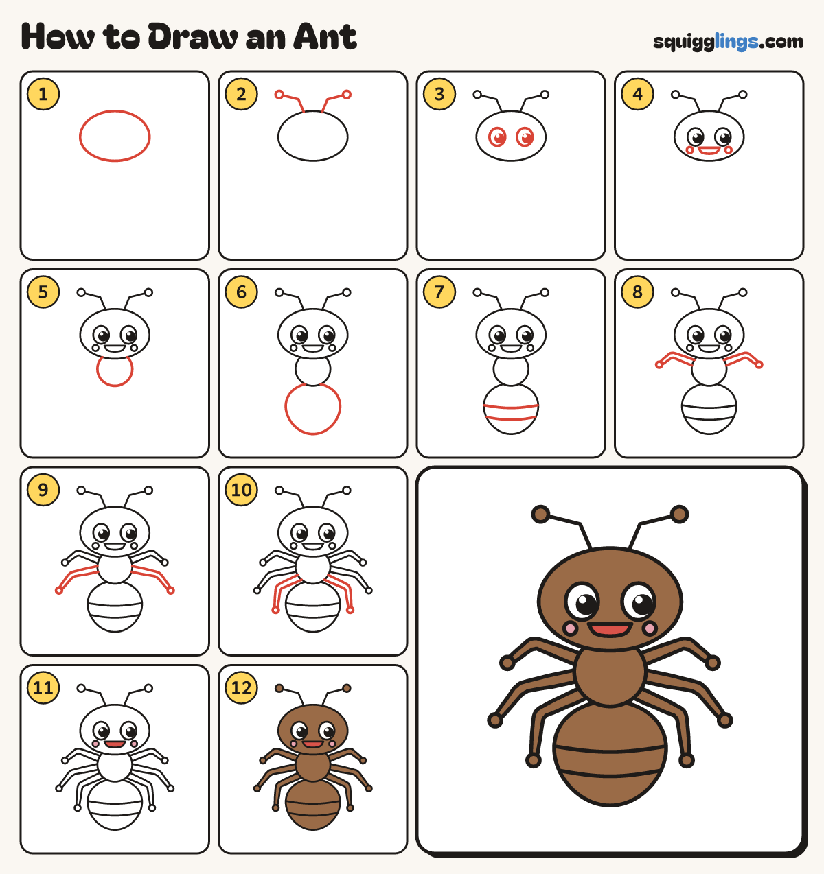How to Draw an Ant step by step: all 12 steps in one picture