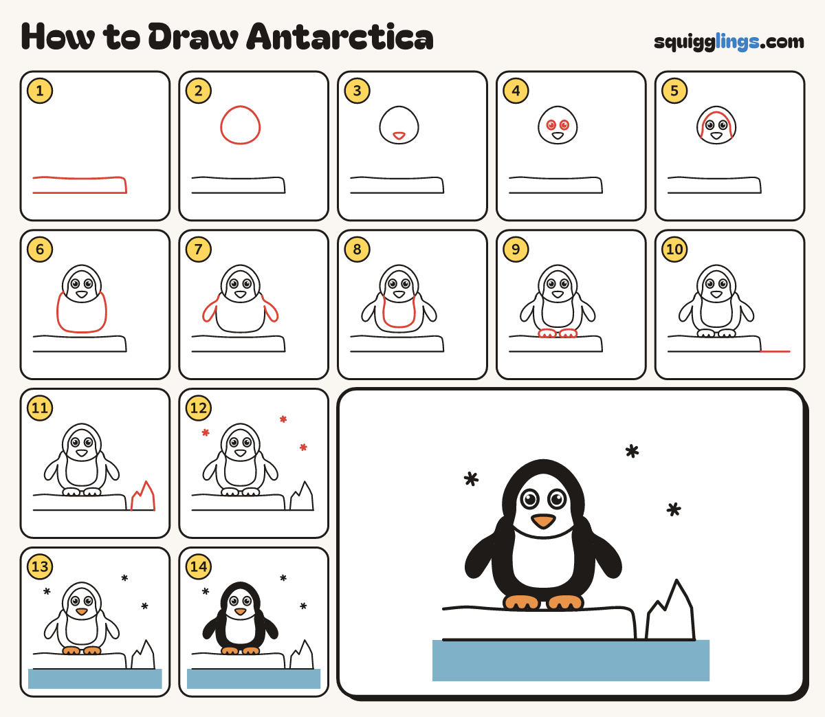 How to Draw Antarctica step by step: all 14 steps in one picture