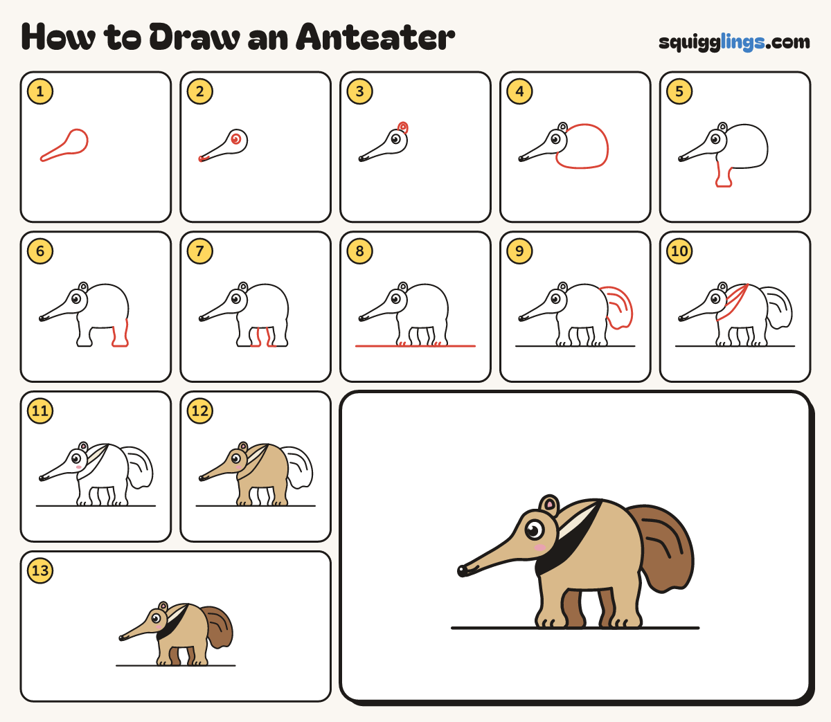 How to Draw an Anteater step by step: all 13 steps in one picture