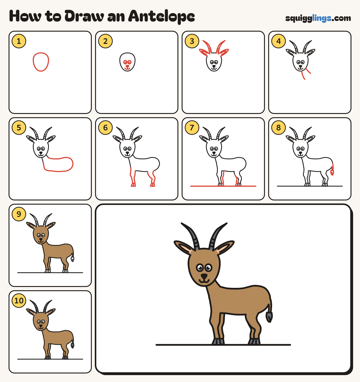 How to Draw an Antelope step by step: all 10 steps in one picture