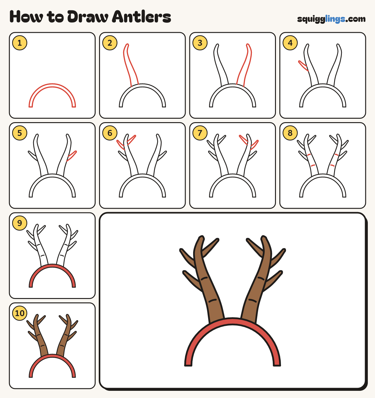 How to Draw Antlers step by step: all 10 steps in one picture
