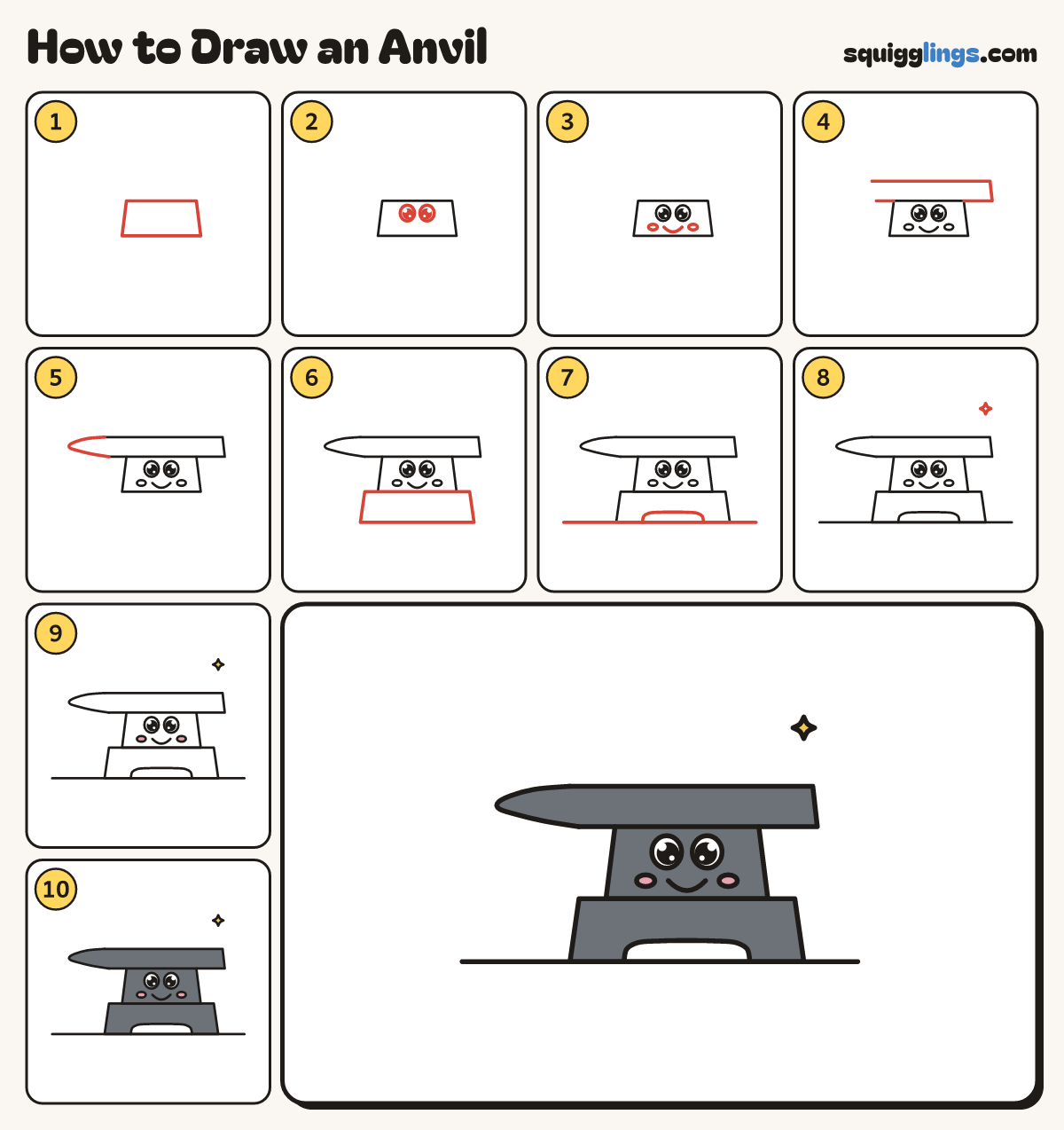 How to Draw an Anvil step by step: all 10 steps in one picture