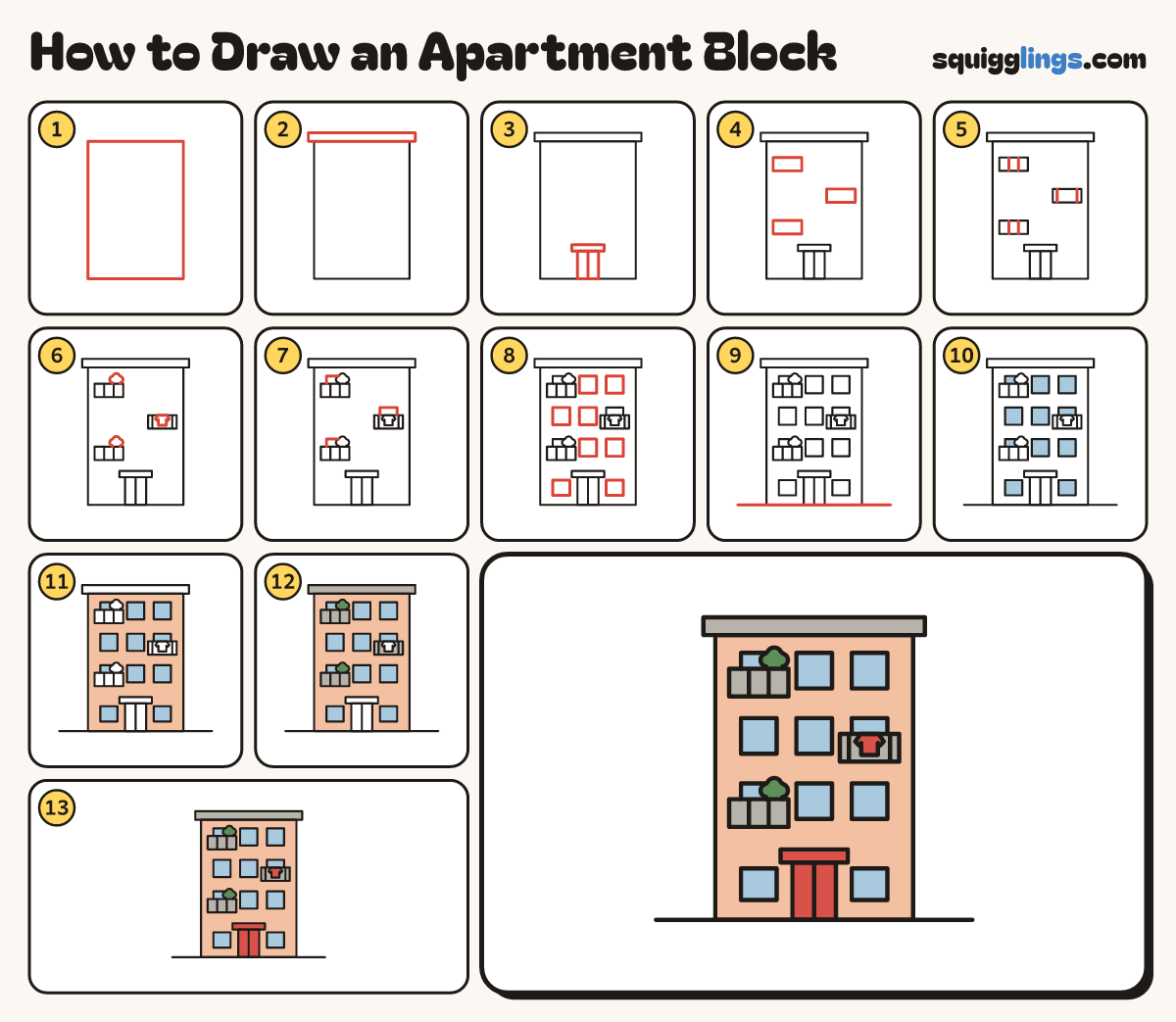 How to Draw an Apartment Block step by step: all 13 steps in one picture