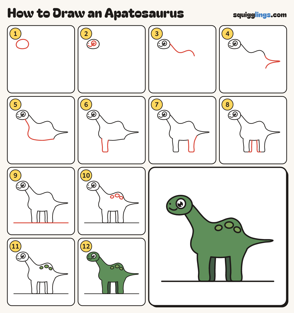 How to Draw an Apatosaurus step by step: all 12 steps in one picture