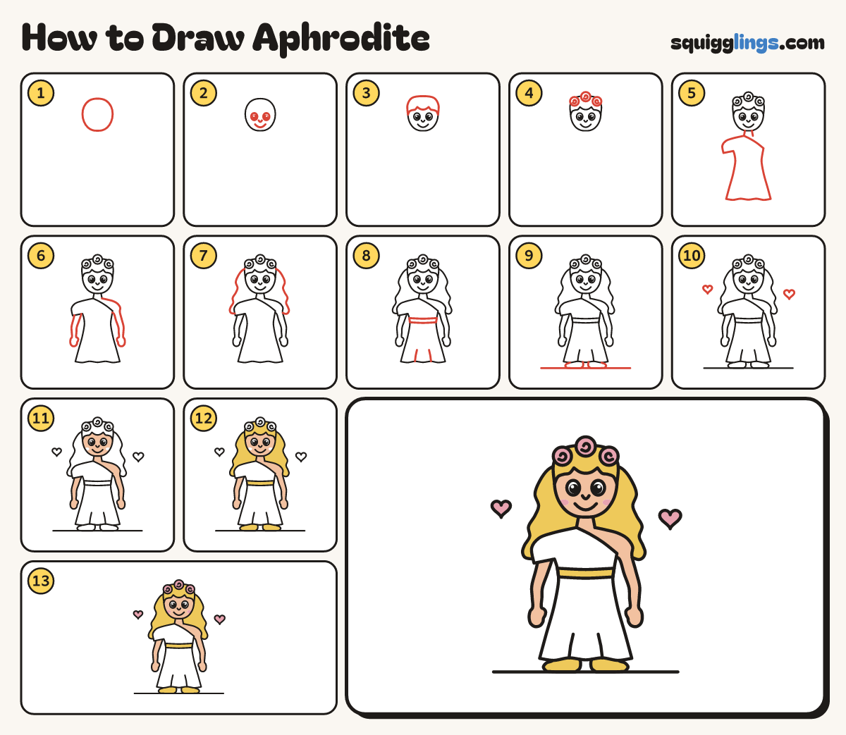How to Draw Aphrodite step by step: all 13 steps in one picture