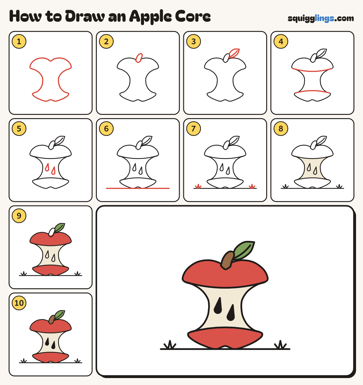 How to Draw an Apple Core step by step: all 10 steps in one picture