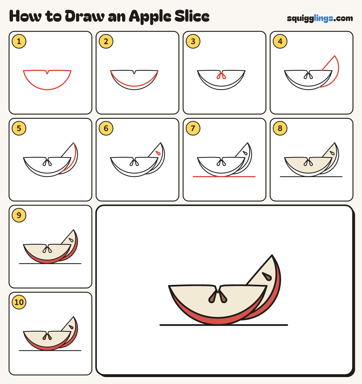 How to Draw an Apple Slice step by step: all 10 steps in one picture
