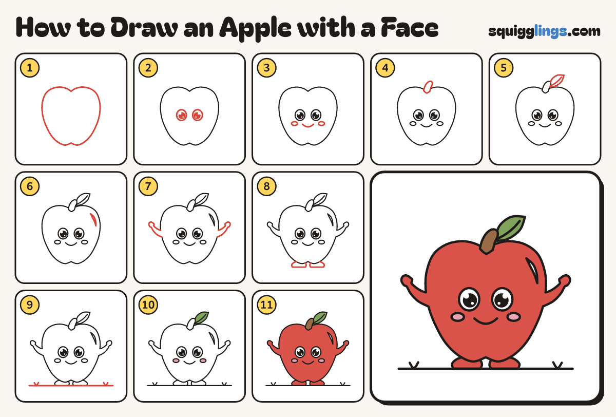 How to Draw an Apple with a Face step by step: all 11 steps in one picture