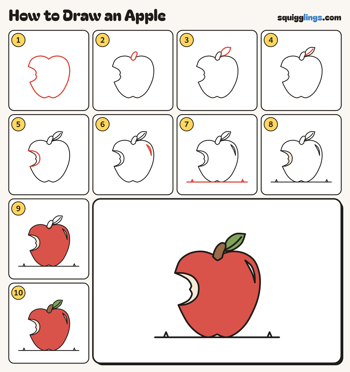 How to Draw an Apple step by step: all 10 steps in one picture
