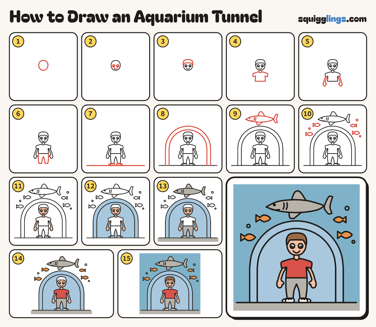 How to Draw an Aquarium Tunnel step by step: all 15 steps in one picture