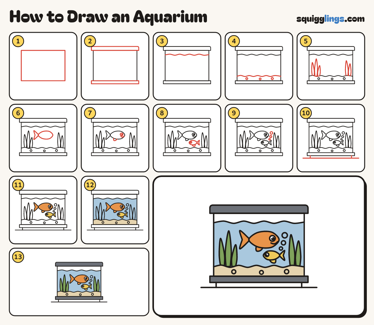 How to Draw an Aquarium step by step: all 13 steps in one picture