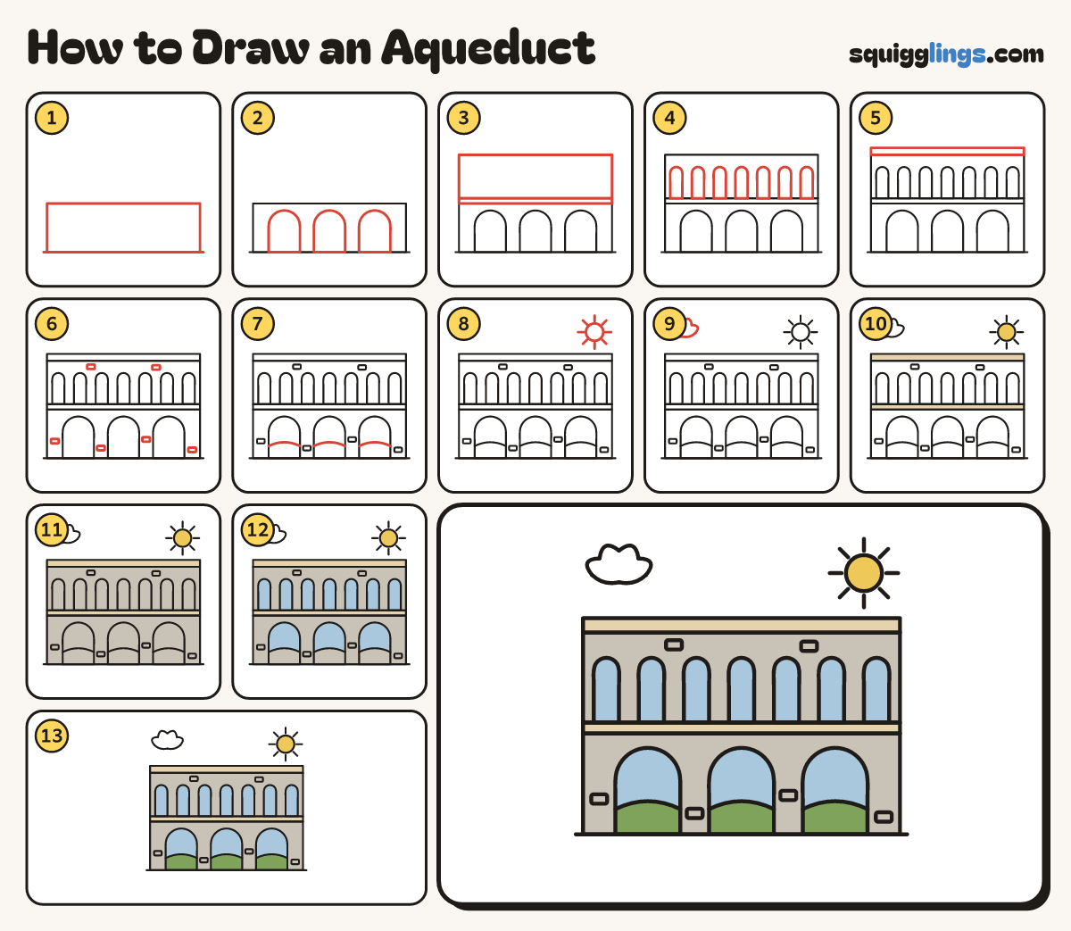 How to Draw an Aqueduct step by step: all 13 steps in one picture