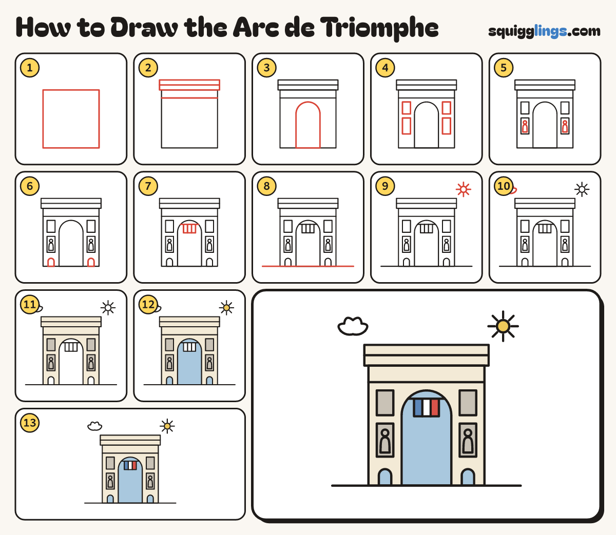 How to Draw the Arc de Triomphe step by step: all 13 steps in one picture