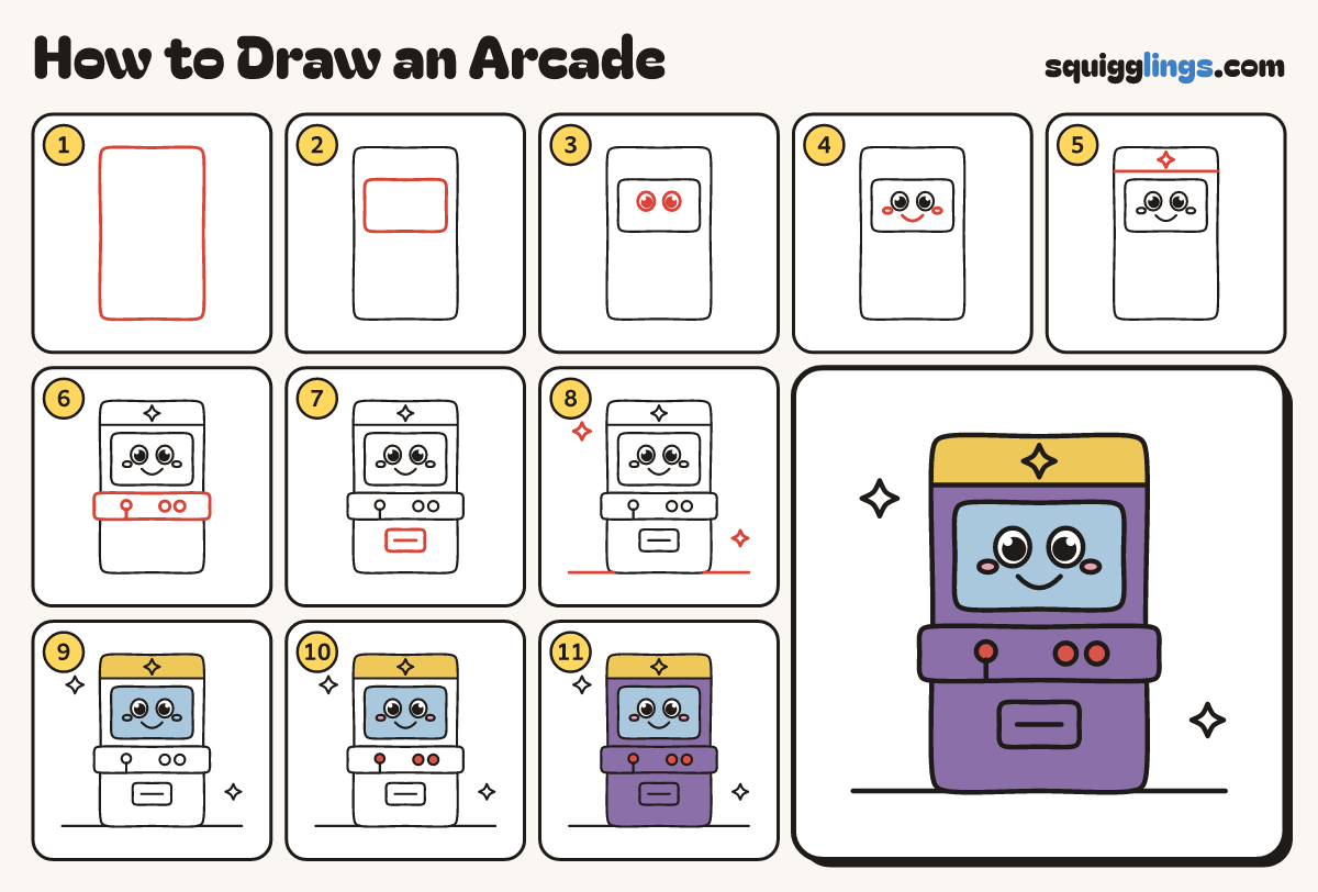 How to Draw an Arcade step by step: all 11 steps in one picture