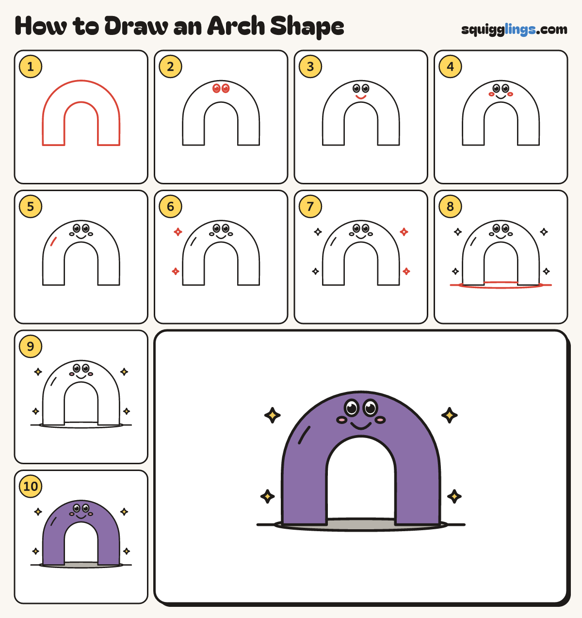 How to Draw an Arch Shape step by step: all 10 steps in one picture