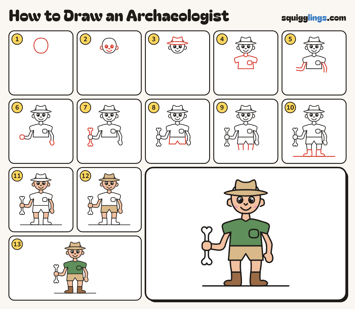 How to Draw an Archaeologist step by step: all 13 steps in one picture