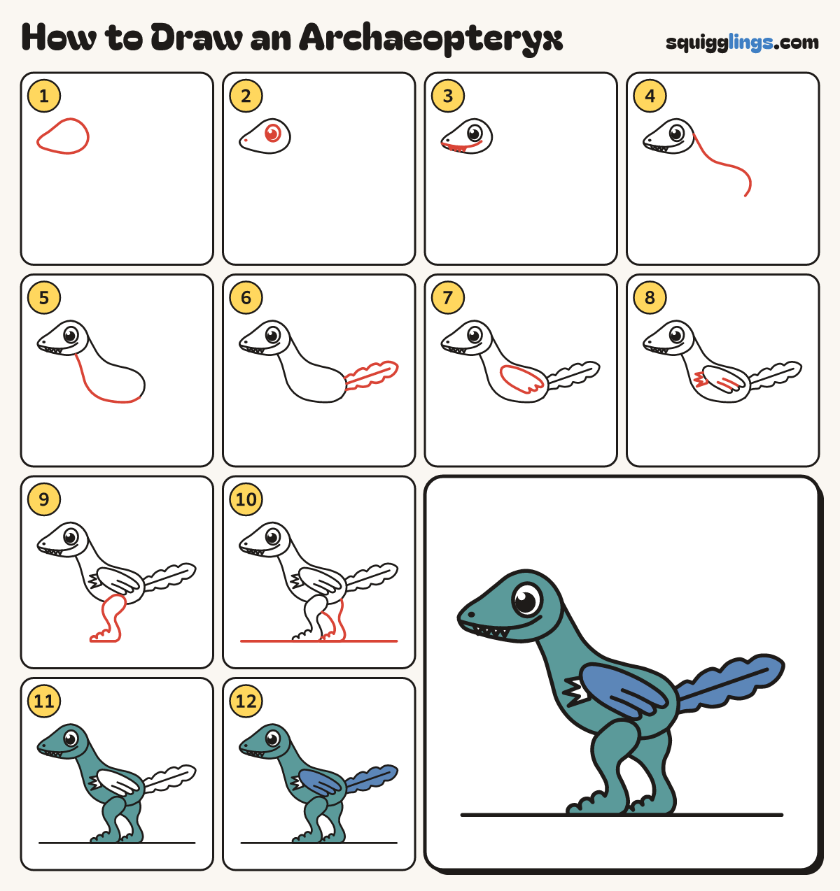 How to Draw an Archaeopteryx step by step: all 12 steps in one picture