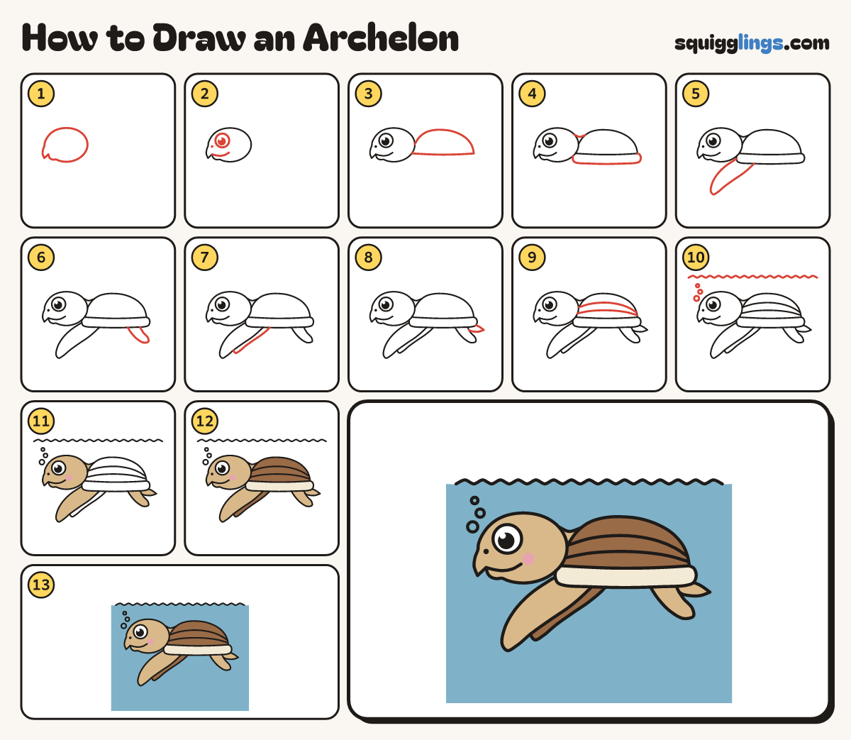 How to Draw an Archelon step by step: all 13 steps in one picture