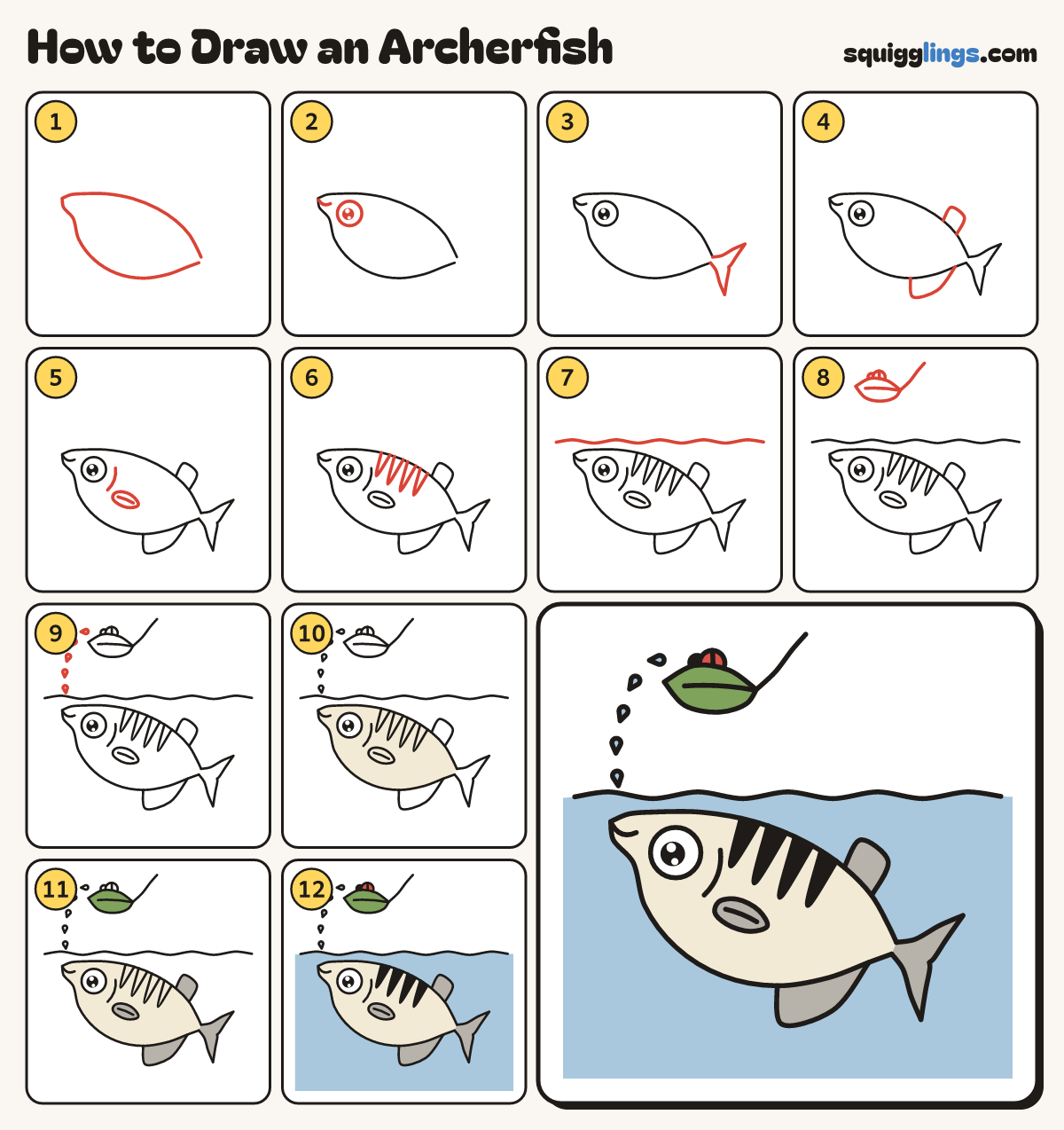 How to Draw an Archerfish step by step: all 12 steps in one picture