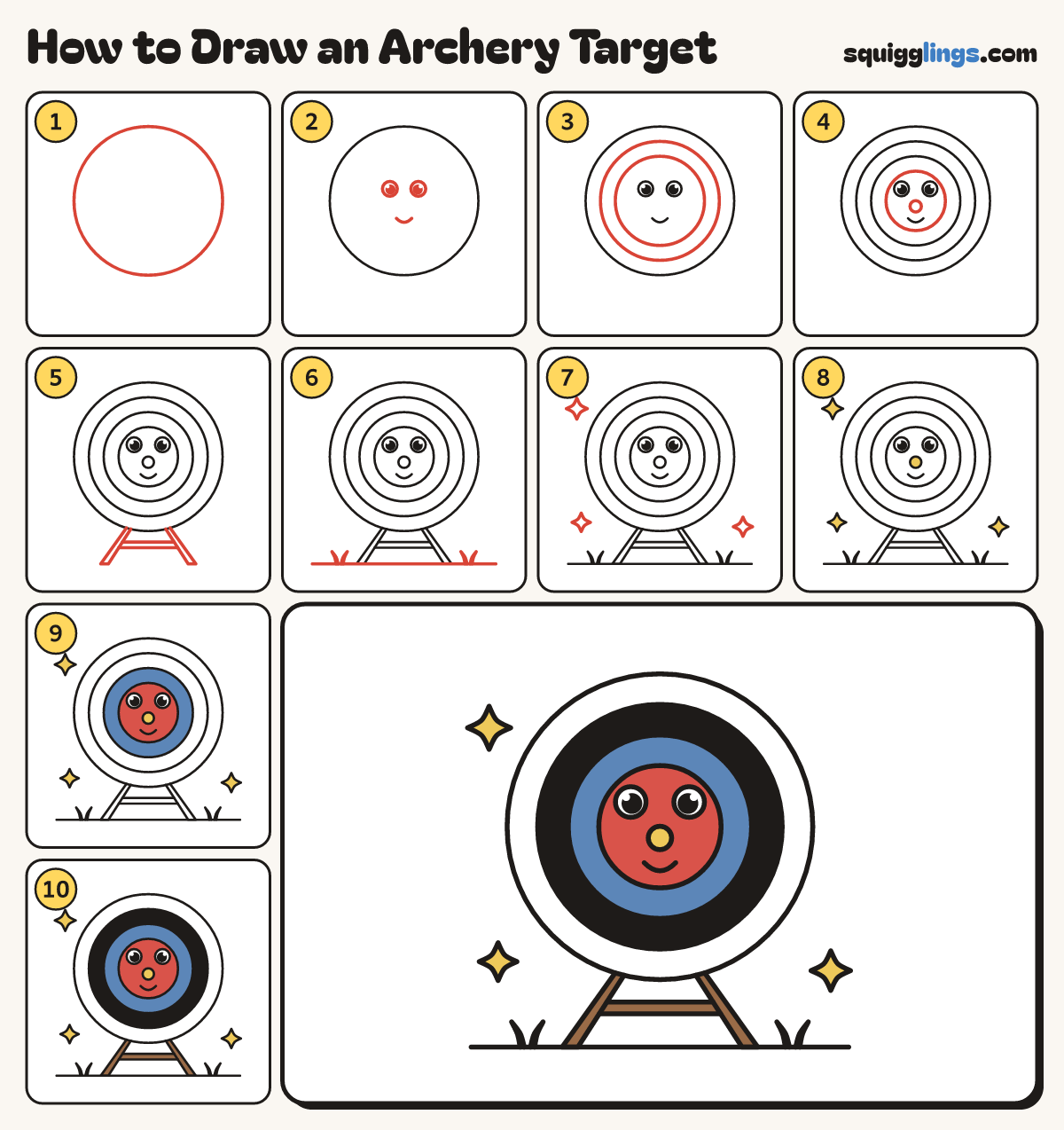 How to Draw an Archery Target step by step: all 10 steps in one picture