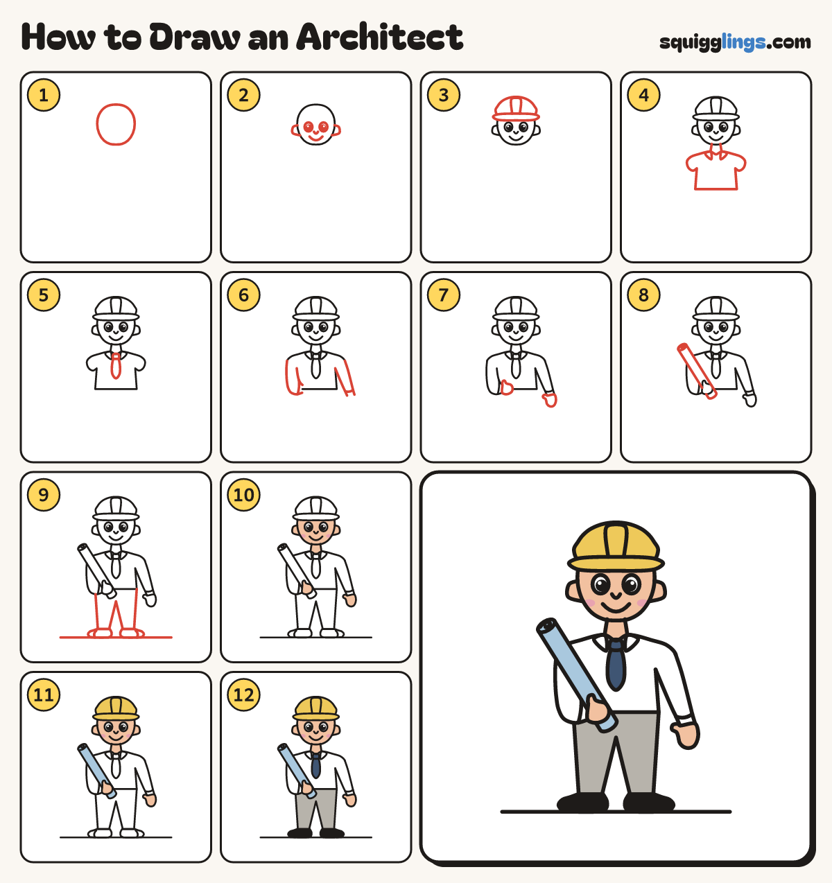 How to Draw an Architect step by step: all 12 steps in one picture