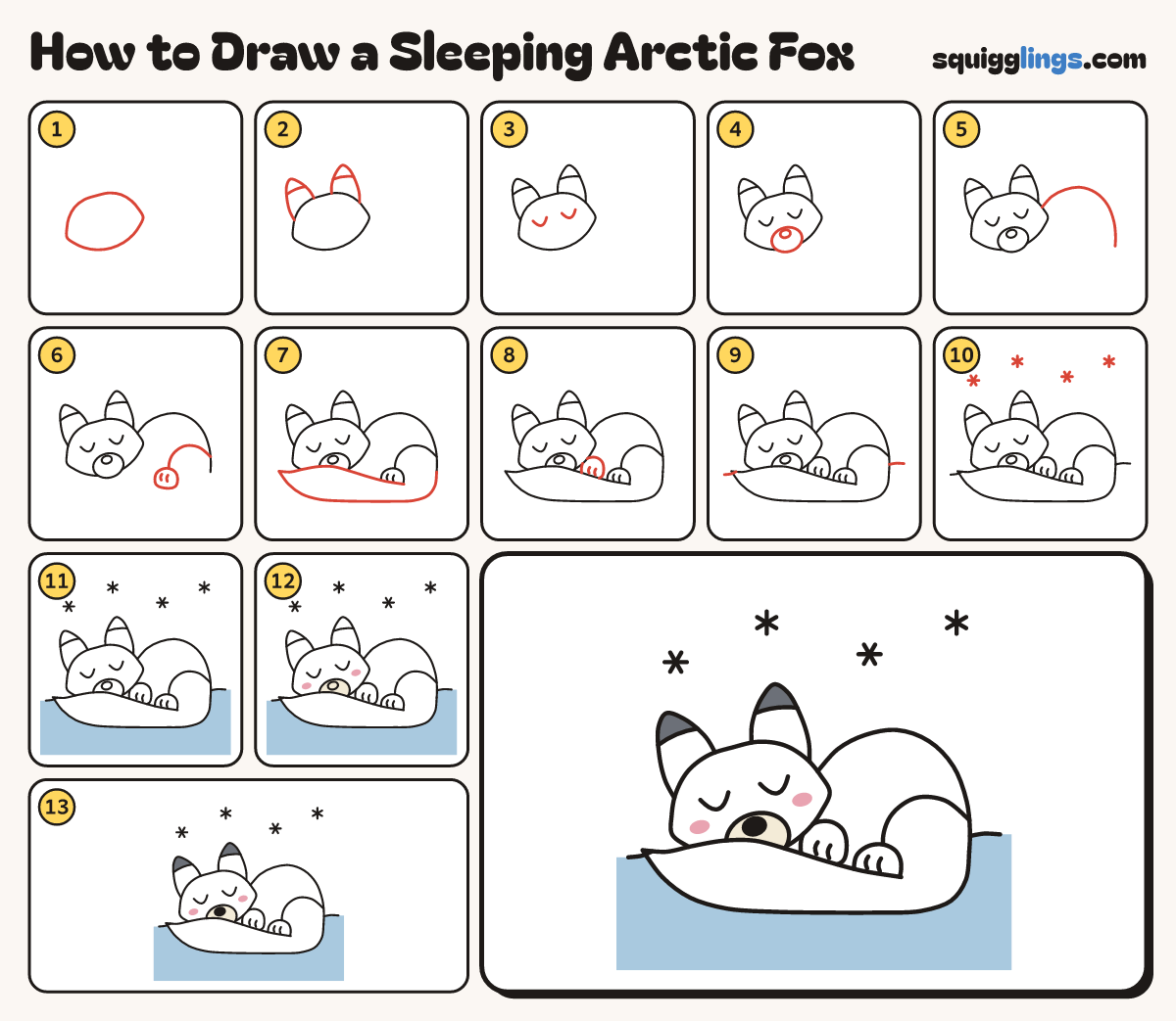 How to Draw a Sleeping Arctic Fox step by step: all 13 steps in one picture