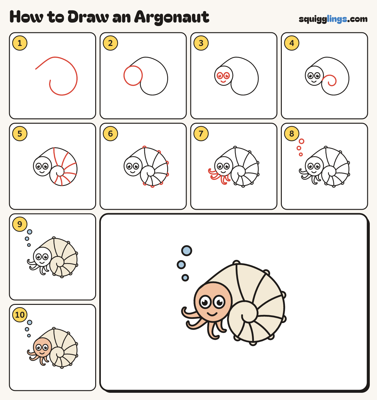 How to Draw an Argonaut step by step: all 10 steps in one picture