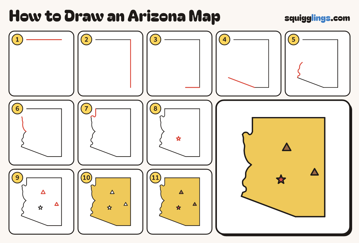 How to Draw an Arizona Map step by step: all 11 steps in one picture