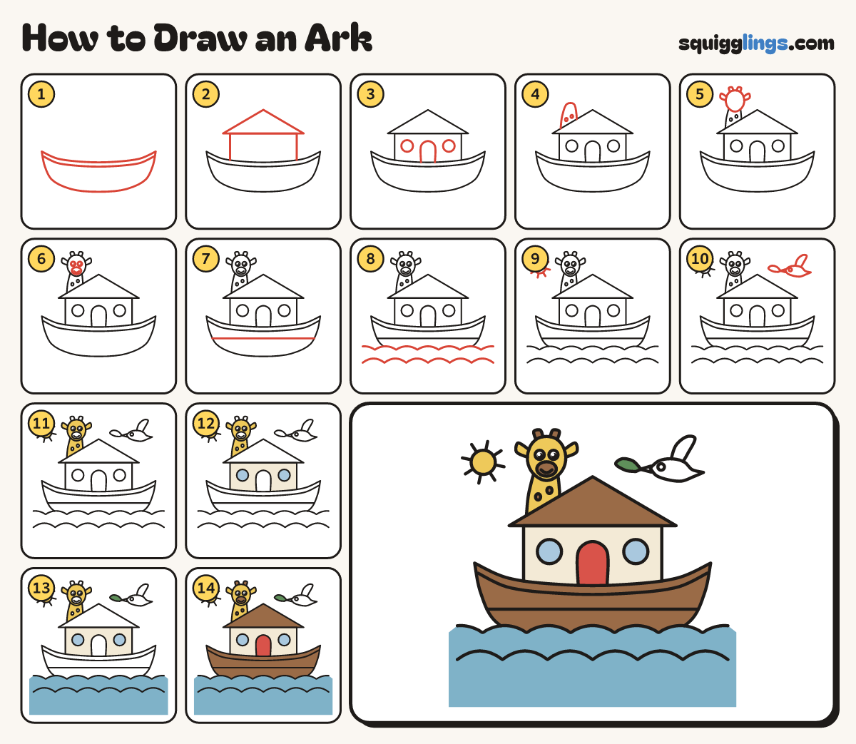 How to Draw an Ark step by step: all 14 steps in one picture