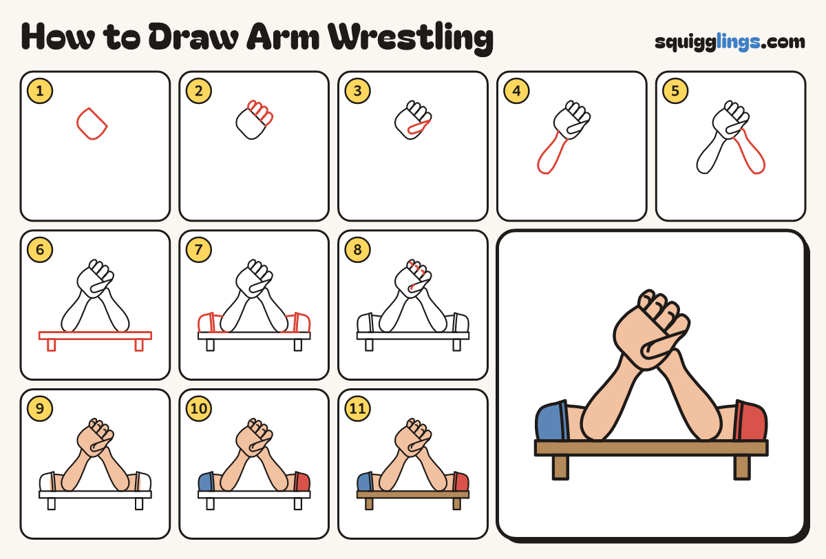 How to Draw Arm Wrestling step by step: all 11 steps in one picture
