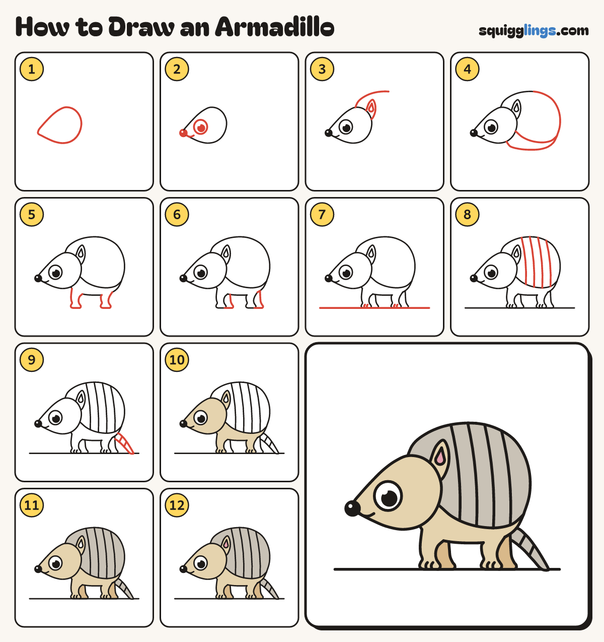 How to Draw an Armadillo step by step: all 12 steps in one picture