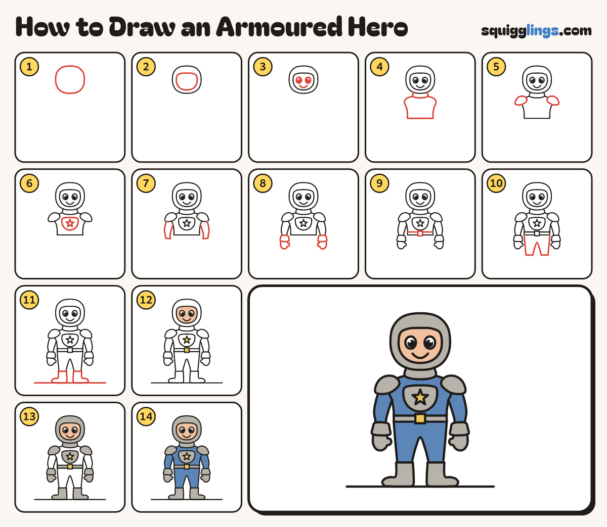 How to Draw an Armoured Hero step by step: all 14 steps in one picture