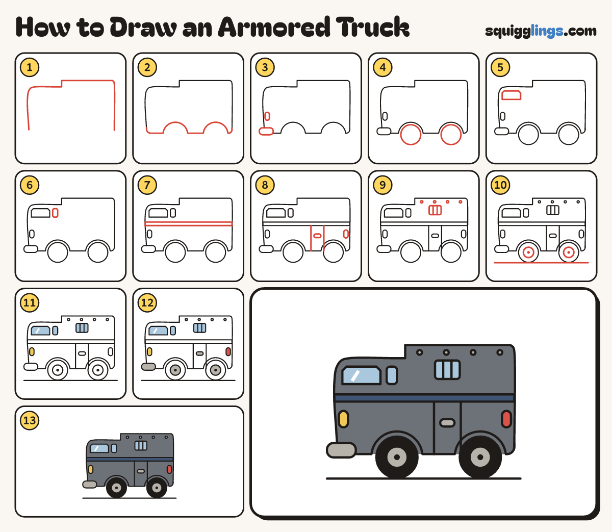 How to Draw an Armored Truck step by step: all 13 steps in one picture